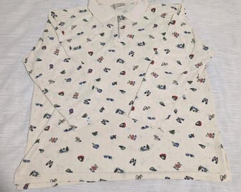 Vintage Enchante USA Made Alpine Cabin Outdoor Novelty Print Zip Polo Medium