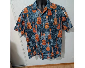 Hilo Hattie Hawaiian Shirt Mens M Blue Orange Ukulele Made in Hawaii 100%Cotton