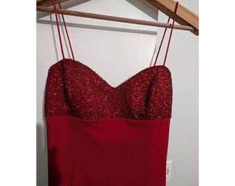 JS Boutique/ Jessica Simpson Red Beaded Gown Spaghetti Strap Hi-low  Sz 6 NWT