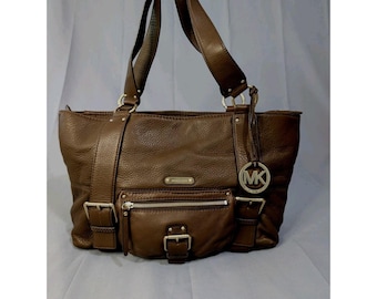Michael Kors Brown Pebbled Leather Tote Shoulder Bag MK Charm Zip Top Large