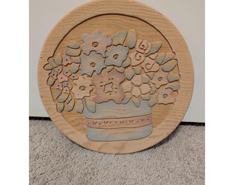 Vntg. Hand Carved Wooden Floral Basket Wall Plaque Country Signed P.Briggs 1988