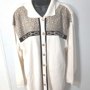 Vtg Cache Cardigan Leopard Print Black Trim Gold Tone Buttons Sweater  Sz L USA