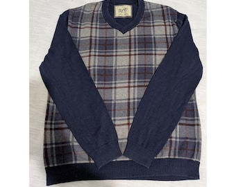 Y2K Esprit Men's V-Neck Plaid Sweater Large Blue Gray Maroon Cotton Long Sleeve
