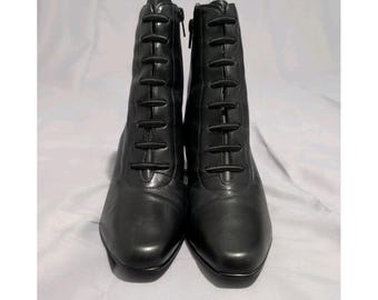 Y2K Black Leather Ankle Boots, Lace-Up Detail, 6.5M
