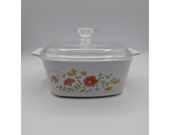 Vntg Corning Ware A 1-1 / 2 B Wildblumenmuster 1.5 Qt Auflaufform mit Deckel