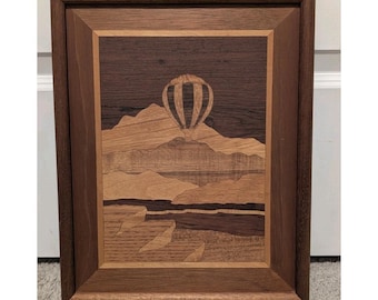 Jeffrey Nelson Wood Marquetry Art Vintage 1980s Hot Air Balloon Landscape Signed