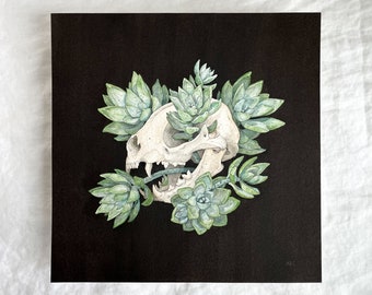 Cat Skull with Succulents Original 10x10