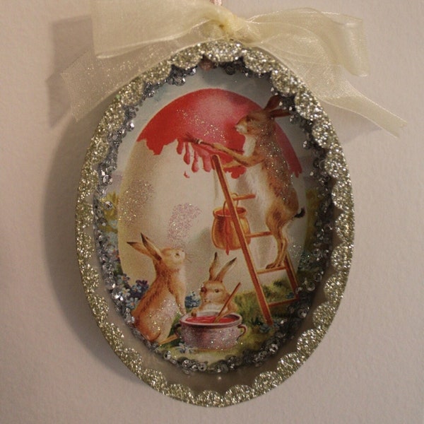 Oval-Shaped Shadow Box Frame Easter Bunny Scene
