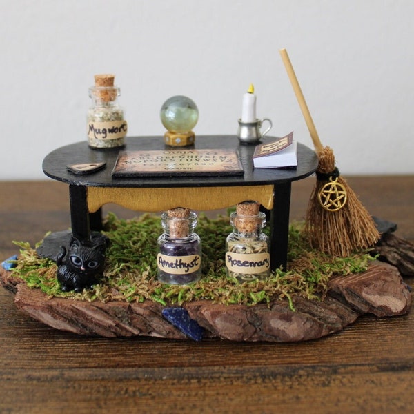 Handcrafted Miniature Witchy Altar Table with Ouija Board, Herbs, Gems