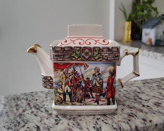 Sadler “Bonnie Prince Charlie” Teapot w/ Rare Tartan and Scrollwork Lid - Battle of Culloden Scene - 1980s