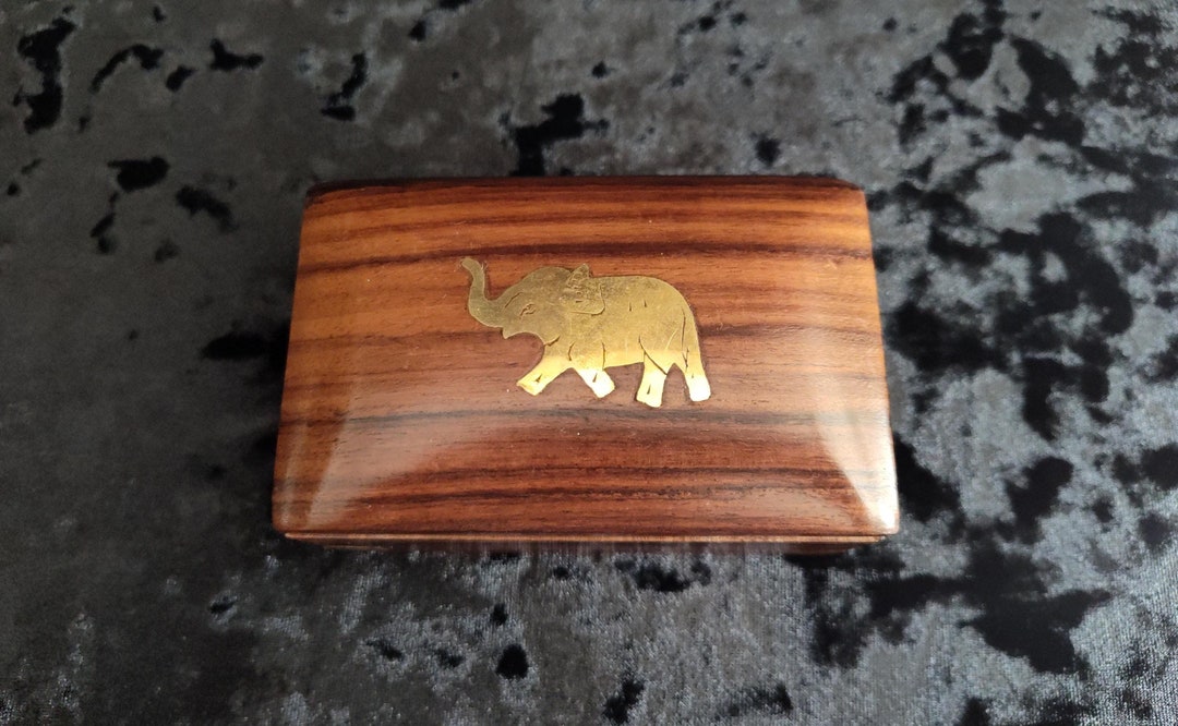 Vintage Wood Box Brass Inlay Elephant | Trinket, Keepsake, Snuff ...