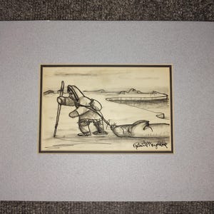 Signed Original Sketch Art by Alaskan Native Robert Mayokok | Eskimo & Seal | August 1973