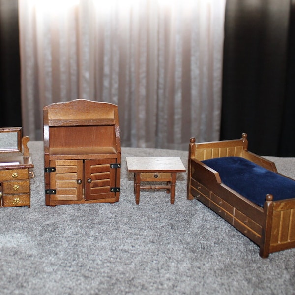Lot of 4 Vintage Wooden Doll House Furniture Pieces | Trundle Bed, Dresser, End Table, Hutch | 1970s