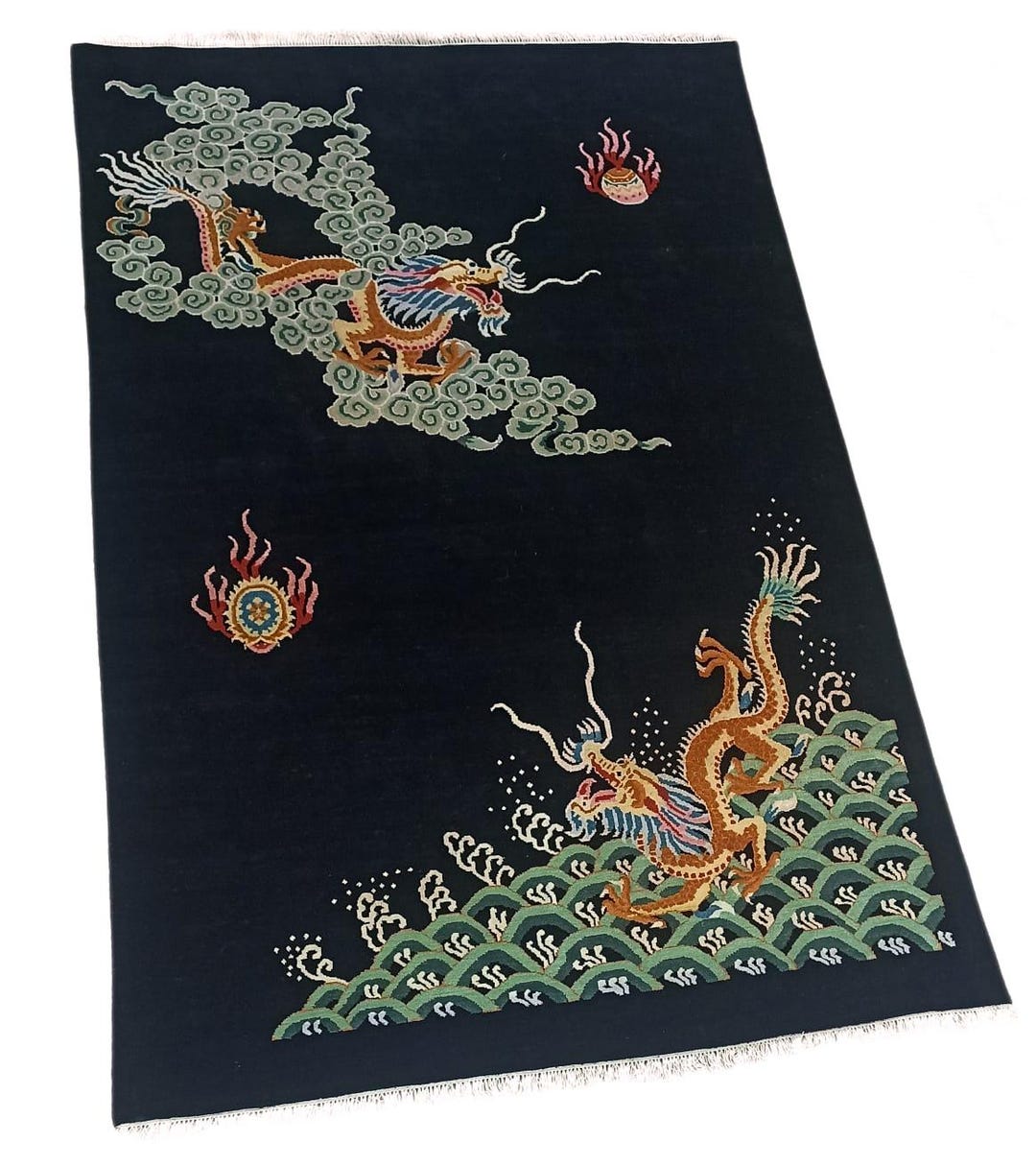 Dragon Small Rug Hand Knotted Dragon Rug, Black Oriental Carpet, Traditional Chinese ...