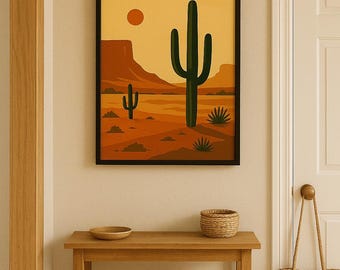 Mid Century Wüstenlandschaft Print, Retro Kaktus Kunst (digitaler Download)