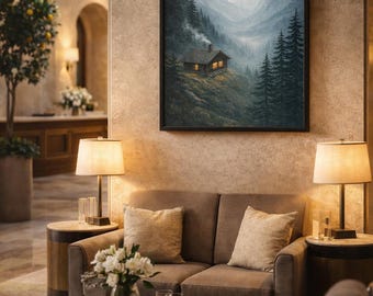 Vintage Alpine Cabin Print, Retro Mountain Landscape (Digital Download)