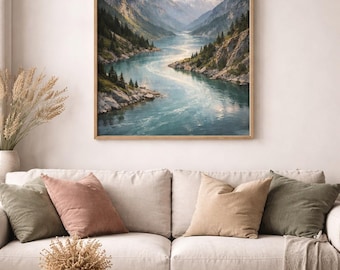 Retro Alpine River Wall Art, Mountain Water Poster, Minimal Nature Art.