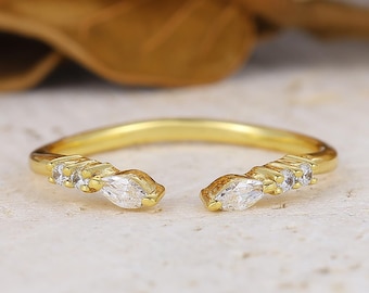 Zircon Open Gap Wedding Band, Marquise & Round Moissanite Stone Matching Ring