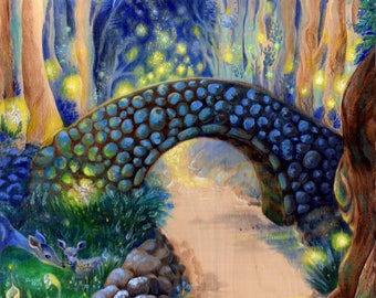 Enchanted Forest with fireflies and bridge -Print