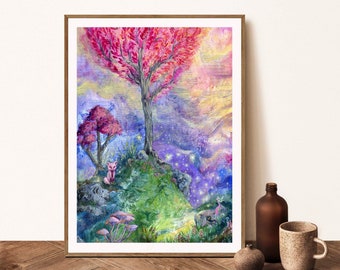 Enchanted Forest- Fox in the Glen - print- 5x7 , 8x10, 11x14, a fairy tree, landscape