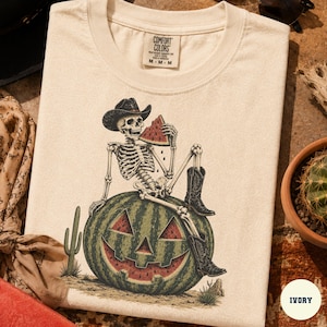 Western Gothic Cowgirl Summerween Apparel, Skeleton Cowboy Watermelon Jack O Lantern Shirt,