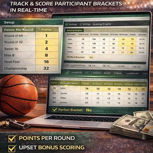 Może przedstawiać: Otwarty laptop wyświetla system punktacji turnieju koszyk&oacute;wki z śledzeniem w czasie rzeczywistym. Piłka do koszyk&oacute;wki i got&oacute;wka są na pierwszym planie. Tekst zawiera "Automatic Scoring" i "Perfect Bracket: No."