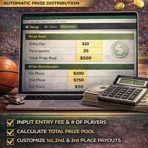 Może przedstawiać: Laptop z interfejsem kalkulatora puli nagr&oacute;d, z piłką do koszyk&oacute;wki i kalkulatorem. Ekran wyświetla opłaty za wstęp, liczbę uczestnik&oacute;w i kwoty podziału nagr&oacute;d. Tekst brzmi "PRIZE POOL CALCULATOR" i "AUTOMATIC PRIZE DISTRIBUTION".
