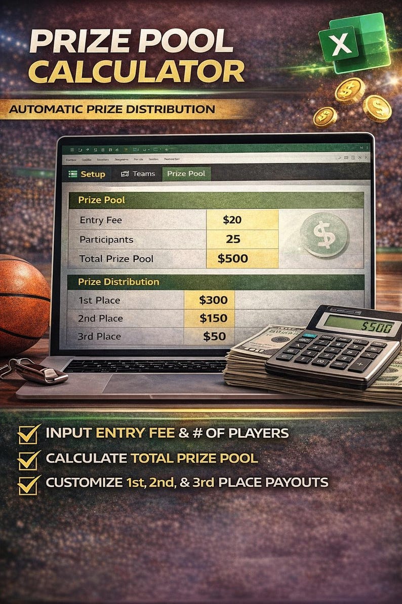 Może przedstawiać: Laptop z interfejsem kalkulatora puli nagr&oacute;d, z piłką do koszyk&oacute;wki i kalkulatorem. Ekran wyświetla opłaty za wstęp, liczbę uczestnik&oacute;w i kwoty podziału nagr&oacute;d. Tekst brzmi "PRIZE POOL CALCULATOR" i "AUTOMATIC PRIZE DISTRIBUTION".