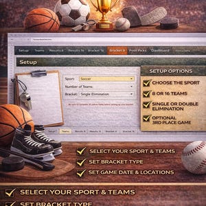 May include: Image promoting a tournament bracket builder. Features a soccer ball, basketball, baseball, hockey puck, and trophy. The interface allows users to select sports, teams, bracket types, and game dates. Text includes "Build Custom Tournament Brackets."
