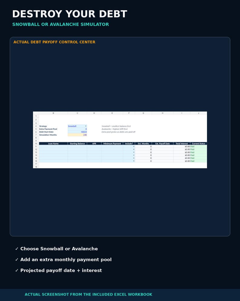 May include: A digital spreadsheet interface titled DESTROY YOUR DEBT SNOWBALL OR AVALANCHE SIMULATOR. The layout includes input fields for strategy, extra payment pool, start date, and simulation months, alongside a table for loan details.