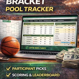Può includere: Un laptop mostra un tracker di pool di basket con il testo "OFFICE BRACKET POOL TRACKER". Sono visibili anche un pallone da basket, denaro e un tabellone del torneo. Include le scelte dei partecipanti, i punteggi e il monitoraggio del montepremi.