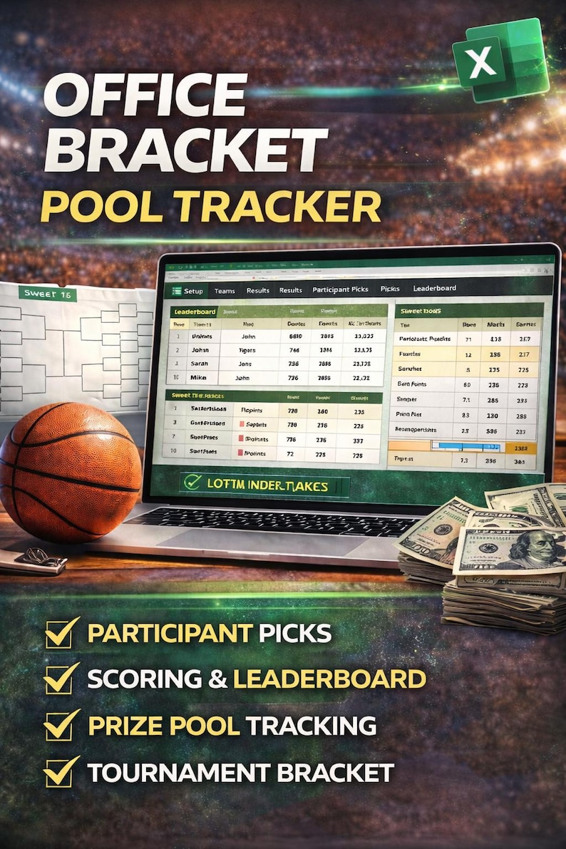 Może przedstawiać: Laptop wyświetla tracker puli koszykarskiej z tekstem "OFFICE BRACKET POOL TRACKER". Widoczna jest r&oacute;wnież piłka do koszyk&oacute;wki, pieniądze i wspornik turniejowy. Obejmuje wybory uczestnik&oacute;w, punktację i śledzenie puli nagr&oacute;d.