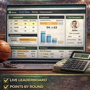 Może przedstawiać: Ekran laptopa wyświetla narzędzie do śledzenia postęp&oacute;w w grze w bilard z tekstem "TRACK YOUR POOL'S PROGRESS". Ekran pokazuje tabelę wynik&oacute;w, rozkład punkt&oacute;w i statystyki. Piłka do koszyk&oacute;wki, kalkulator i got&oacute;wka znajdują się na pierwszym planie.