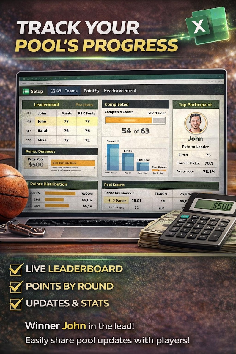 Może przedstawiać: Ekran laptopa wyświetla narzędzie do śledzenia postęp&oacute;w w grze w bilard z tekstem "TRACK YOUR POOL'S PROGRESS". Ekran pokazuje tabelę wynik&oacute;w, rozkład punkt&oacute;w i statystyki. Piłka do koszyk&oacute;wki, kalkulator i got&oacute;wka znajdują się na pierwszym planie.