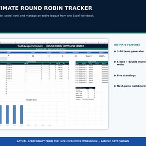 May include: A digital spreadsheet interface titled Youth League Scheduler Round Robin Command Center. The layout includes tables for live standings, next games, and a bar chart showing wins by team. Features include a 3-16 team generator.