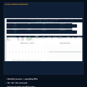 May include: A digital spreadsheet titled BUDGET + DEBT COMMAND CENTER PREMIUM EXCEL MONEY TRACKER. It features a dashboard with a 50/30/20 scorecard, debt payoff snapshot, and charts for planned versus actual spending and projected debt paydown.