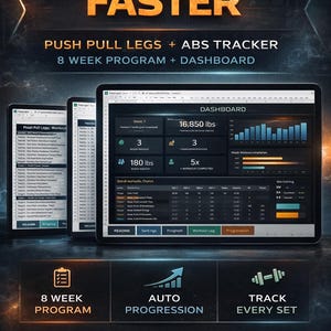 Puede incluir: Interfaz de programa de fitness digital con el texto «BUILD MUSCLE FASTER». El panel muestra datos de entrenamiento, incluido el peso levantado, el peso corporal y la finalización del entrenamiento. Incluye un programa de 8 semanas, progresión automática y seguimiento de series.