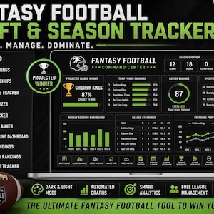 May include: A laptop displays a fantasy football draft and season tracker with team rankings, league standings, and player data. A football is in the foreground. The text reads "Draft. Manage. Dominate."