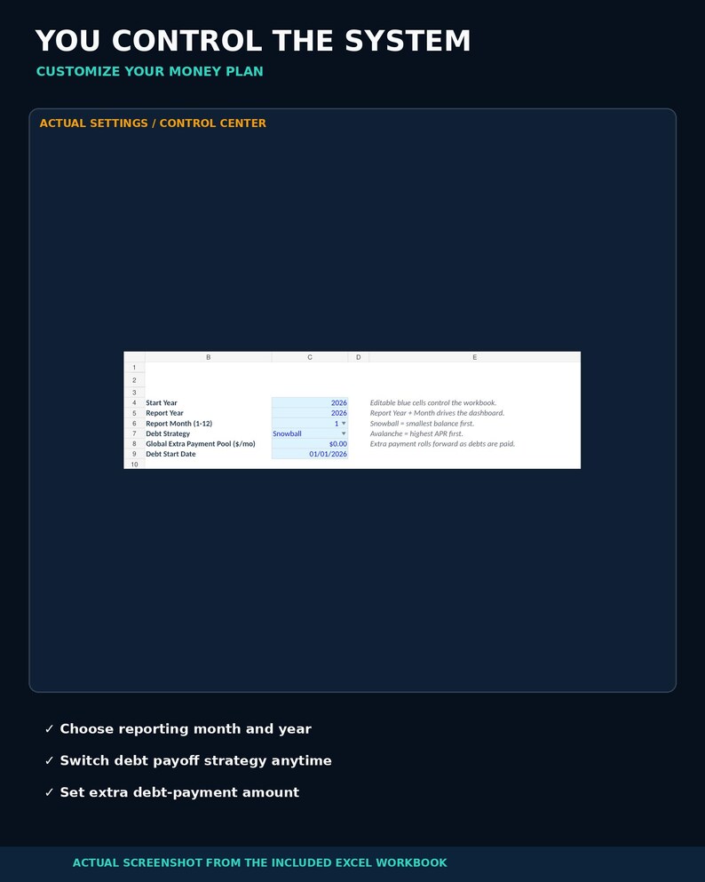 May include: A digital spreadsheet interface titled YOU CONTROL THE SYSTEM and ACTUAL SETTINGS / CONTROL CENTER. It features input fields for Start Year, Report Year, Report Month, Debt Strategy, Global Extra Payment Pool, and Debt Start Date.