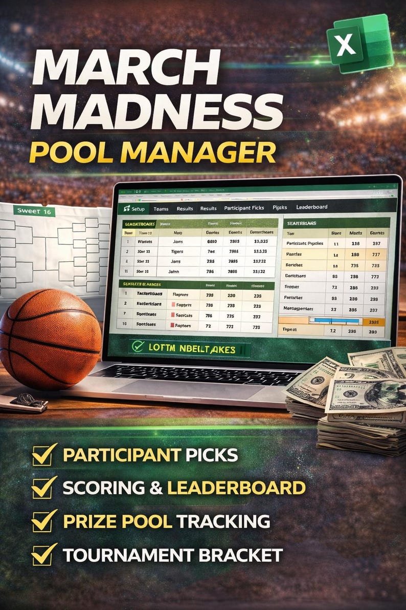 Może przedstawiać: Laptop wyświetla interfejs March Madness Pool Manager ze statystykami koszyk&oacute;wki i tabelą turniejową. Widoczna jest r&oacute;wnież piłka do koszyk&oacute;wki i got&oacute;wka. Tekst zawiera "Participant Picks" i "Scoring & Leaderboard."