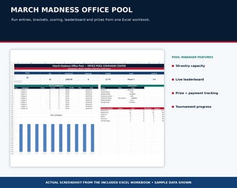 Office Bracket Pool Tracker Excel Template | NCAA Tournament Pool Spreadsheet | March Madness Office Pool Manager | Leaderboard & Prize