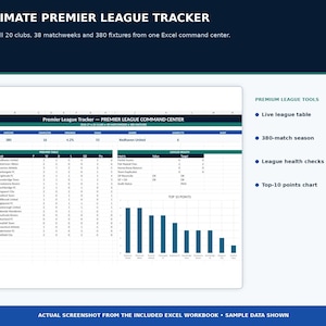 Premier League Tracker Excel | Soccer League Schedule Generator | EPL Table Standings Tracker | 20 Team Double Round Robin |Editable Results