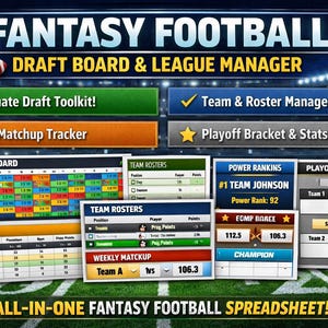 May include: A digital graphic promoting a fantasy football draft board and league manager. The image features an American football, a football field background, and various data displays for team management and tracking.