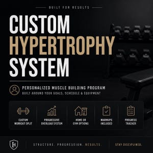Puede incluir: Gráfico negro con el texto "CUSTOM HYPERTROPHY SYSTEM" en blanco y dorado. La imagen promociona un programa de construcción muscular personalizado con divisiones de entrenamiento personalizadas, sobrecarga progresiva y opciones en casa o en el gimnasio. Incluye calentamientos y un seguimiento del progreso.