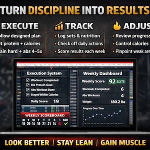 May include: A laptop screen displays a fitness dashboard with the text "TURN DISCIPLINE INTO RESULTS." The screen shows workout metrics, including a weekly score of 92, workout and abs counts, and weight at 180.2 lbs. The bottom reads "LOOK BETTER | STAY LEAN | GAIN MUSCLE."