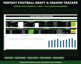 Fantasy Football Draft & Season Tracker Excel Template | Draft Board, Rankings, Matchups, Waiver Wire, Trade Analyzer, League Dashboard Tool