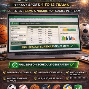 Może przedstawiać: Ekran laptopa wyświetlający harmonogram ligi sportowej z tekstem "NATYCHMIAST WYGENERUJ HARMONOGRAM ROUND ROBIN!" i "WYGENEROWANO PEŁNY HARMONOGRAM SEZONU!". Zawiera ikony różnych sportów.