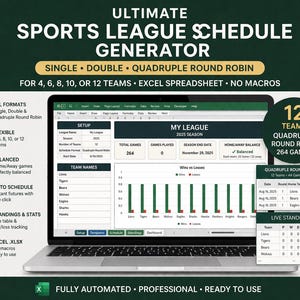 Sports League Schedule Generator Excel Template | Round Robin Scheduler (Single, Double, Quadruple) |4–12 Teams | Auto Standings & Dashboard