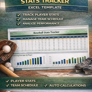 Könnte beinhalten: Baseball Stats Tracker Excel-Vorlage mit Spielerstatistiken, Teamplan und automatischen Berechnungen. Das Bild zeigt einen Baseballhandschuh, Basebälle, einen Schläger und einen Hockeyschläger mit einem Puck.