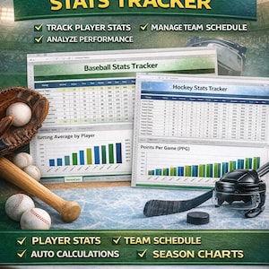 May include: An Excel-based Baseball & Hockey Stats Tracker graphic. The image features baseballs, bats, a glove, hockey sticks, a puck, and charts. Text includes "Track Player Stats," "Manage Team Schedule," and "Analyze Performance."